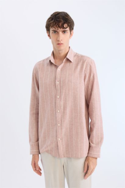 Regular Fit Polo Neck Linen Blend Cotton Shirt