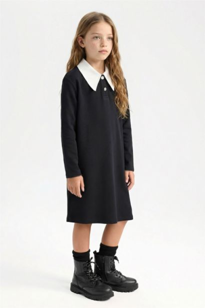 Girl Shirt Collar Basic Long Sleeve Black Dress
