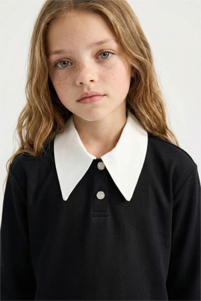 Girl Shirt Collar Basic Long Sleeve Black Dress