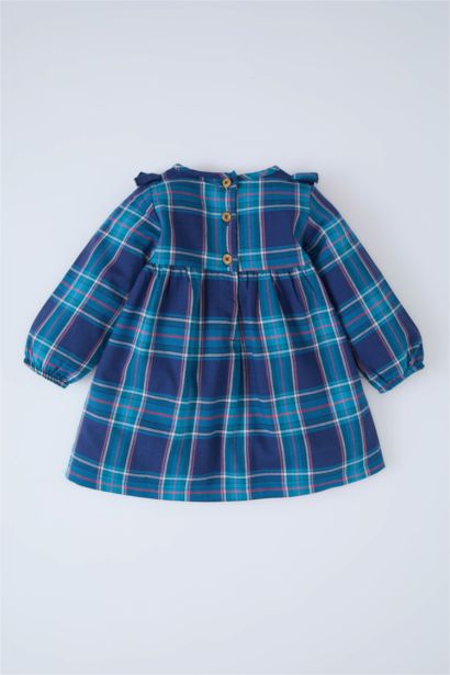 فستان بيبي بناتي كاروهات فلانيل كم طويل بياقة كبيرة