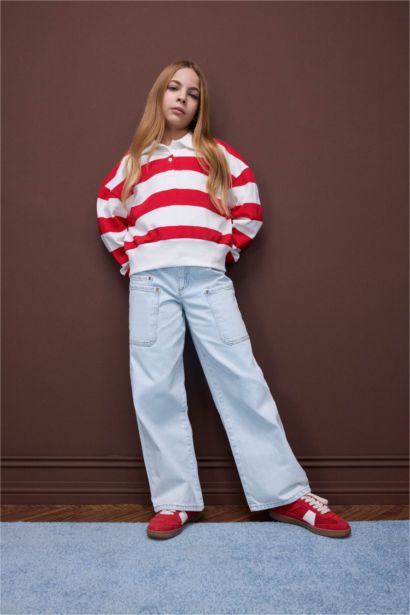 Kız Çocuk Relax Fit Polo Yaka Çizgili Sweatshirt