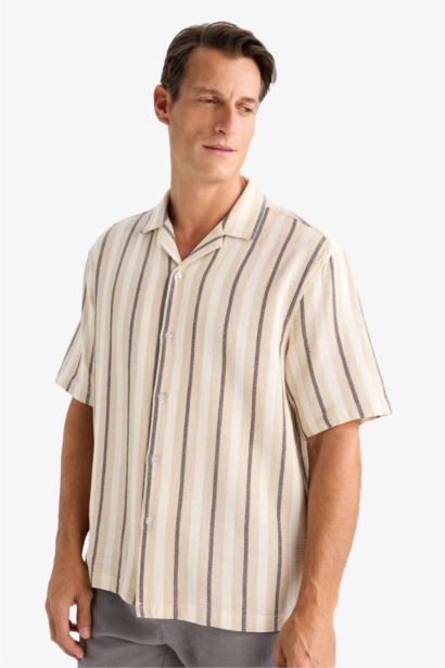 قميص مخطط قطن نص كم قصة مريحة بياقة بولو