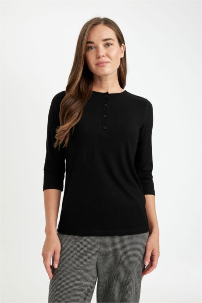 T-Shirt Basique à Manches Longues et Col Rond Coupe Régulière