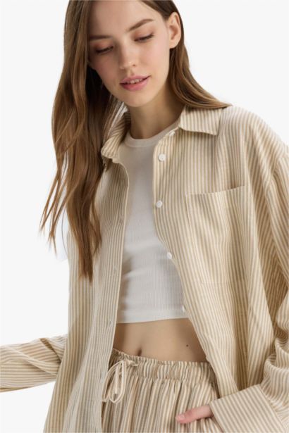 Oversize Shirt Collar Linen Blended Striped Long Sleeve Shirt