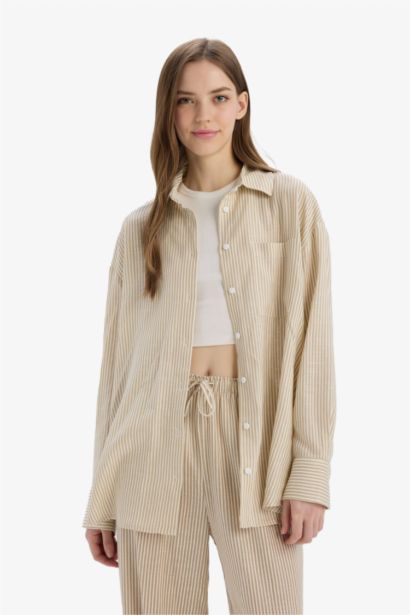Oversize Shirt Collar Linen Blended Striped Long Sleeve Shirt