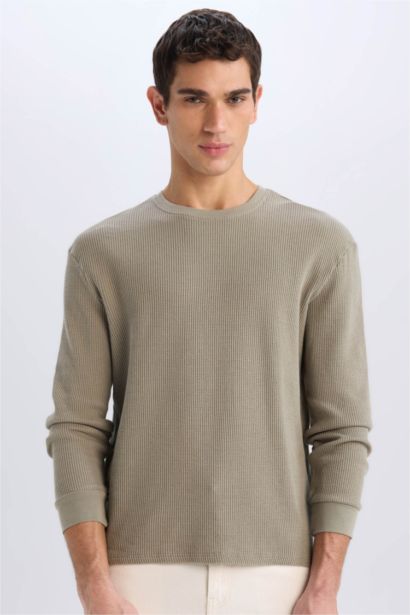 Regular Fit Crew Neck Long Sleeve Waffle T-Shirt