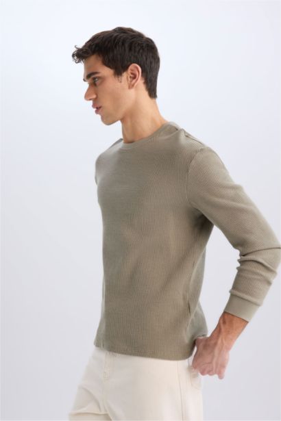 Regular Fit Crew Neck Long Sleeve Waffle T-Shirt