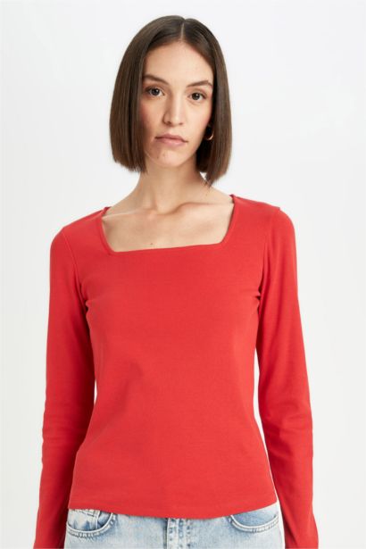 T-Shirt rouge basique à Manches Longues Coupe Régulière à Col Carré