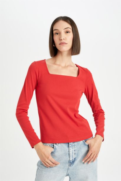 T-Shirt rouge basique à Manches Longues Coupe Régulière à Col Carré