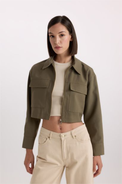 Crop Gabardine Long Sleeve Shirt