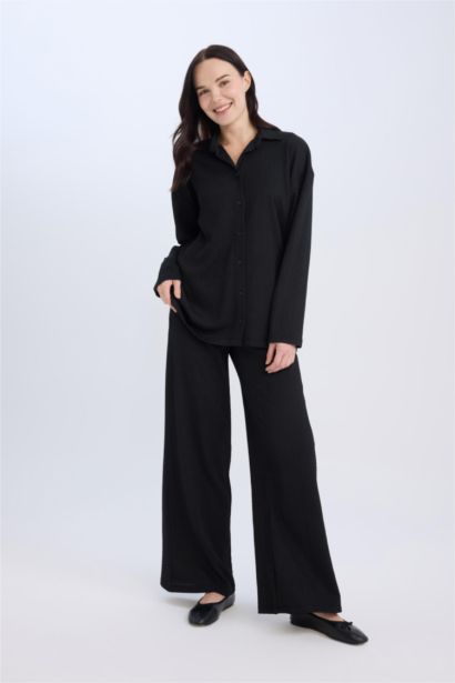 Straight Fit Elastic Waist Basic Crepe Wide Leg Trousers