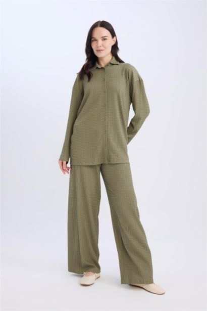 Straight Fit Elastic Waist Basic Crepe Wide Leg Trousers