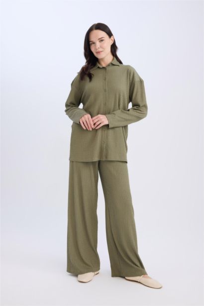 Straight Fit Elastic Waist Basic Crepe Wide Leg Trousers