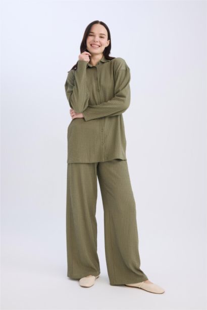 Straight Fit Elastic Waist Basic Crepe Wide Leg Trousers
