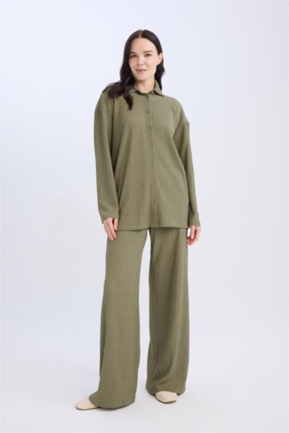 Straight Fit Elastic Waist Basic Crepe Wide Leg Trousers