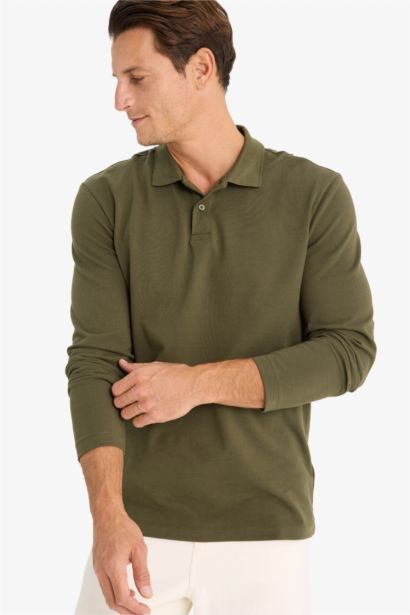 New Regular Fit Basic Long Sleeve Pique Polo Shirt