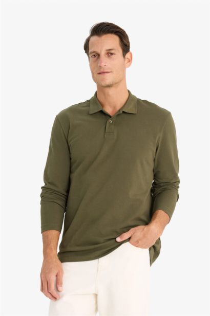 New Regular Fit Basic Long Sleeve Pique Polo Shirt