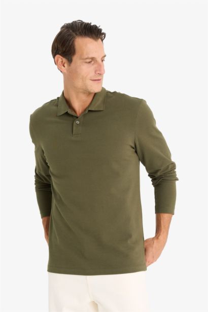 New Regular Fit Basic Long Sleeve Pique Polo Shirt