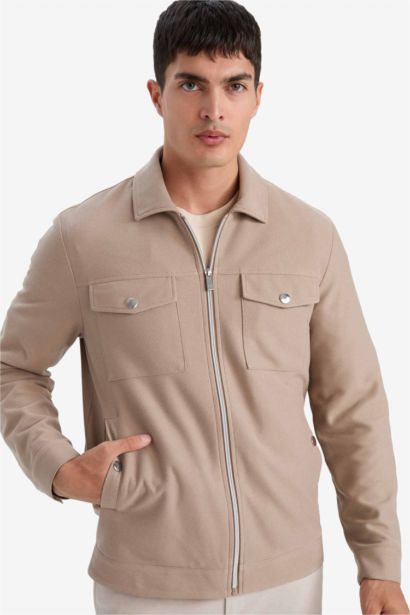 Slim Fit Polo Collar Lined Zippered Jacket