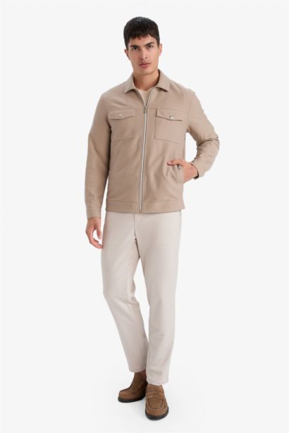 Slim Fit Polo Collar Lined Zippered Jacket