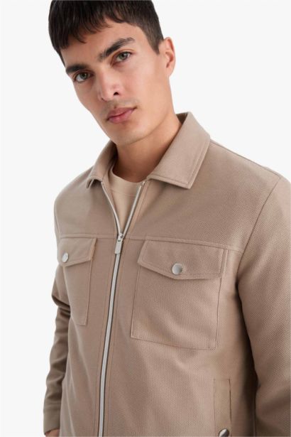 Slim Fit Polo Collar Lined Zippered Jacket