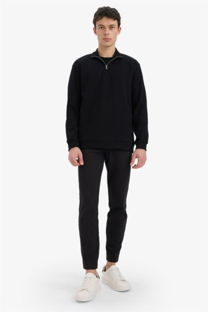 Comfort Fit Dik Yaka Dokulu Yarım Fermuarlı Waffle Sweatshirt