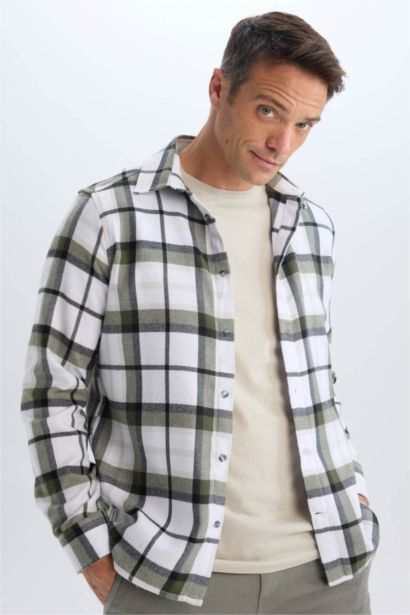 Regular Fit Polo Collar Checked Cotton Long Sleeve Shirt