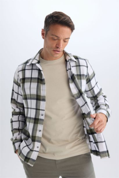 Regular Fit Polo Collar Checked Cotton Long Sleeve Shirt