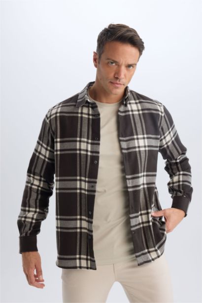 Regular Fit Polo Yaka Kareli Pamuklu Uzun Kollu Gömlek