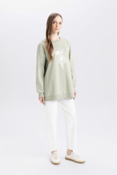 Regular Fit Bisiklet Yaka Çiçek Baskılı Sweatshirt Tunik