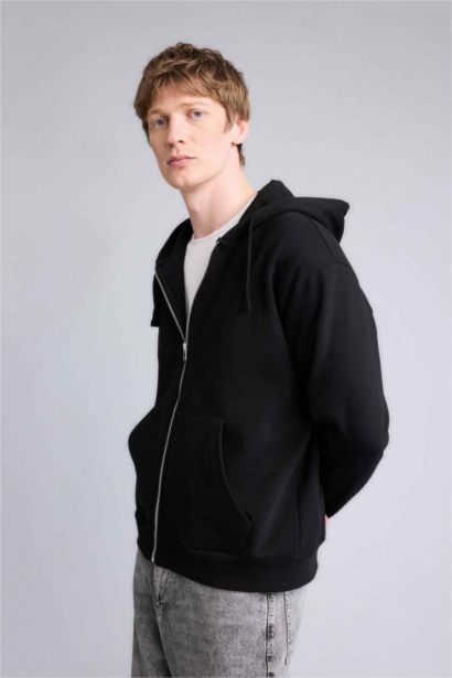Relax Fıt Kapüşonlu İçi Yumuşak Tüylü Kalın Kumaş Fermuarlı Sweatshirt