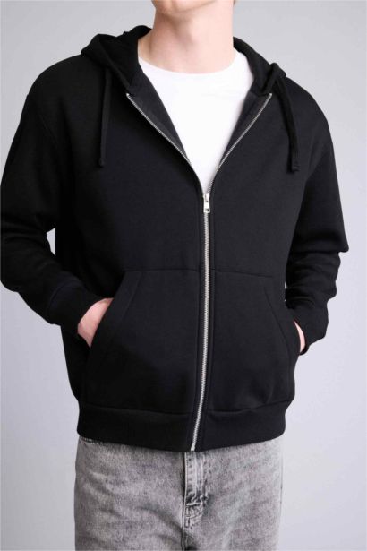 Relax Fıt Kapüşonlu İçi Yumuşak Tüylü Kalın Kumaş Fermuarlı Sweatshirt