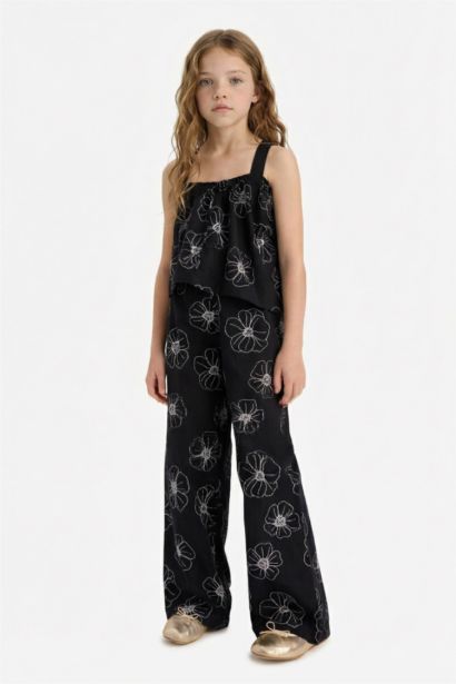 Girl Patterned Wide Leg Cotton Trousers