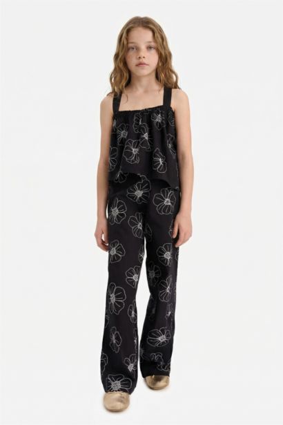 Girl Patterned Wide Leg Cotton Trousers