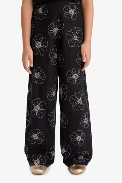 Girl Patterned Wide Leg Cotton Trousers