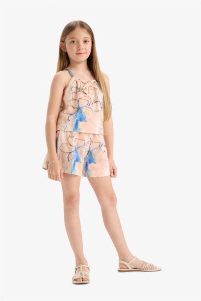 Girl Elastic Waist Patterned Cotton Shorts