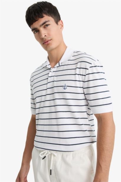 %100 Pamuk Regular Fit Polo Yaka Kısa Kollu Çizgili Tişört