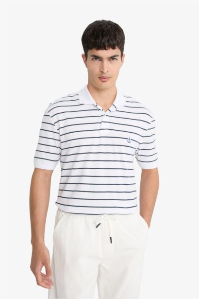 %100 Pamuk Regular Fit Polo Yaka Kısa Kollu Çizgili Tişört