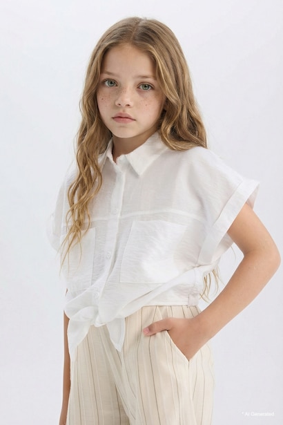Girl Tie Detailed Short Sleeve Crop Shirt