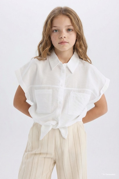 Girl Tie Detailed Short Sleeve Crop Shirt