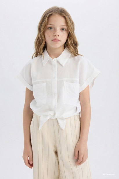 Girl Tie Detailed Short Sleeve Crop Shirt