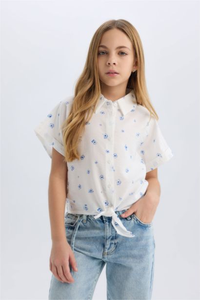 Girl Patterned Tie Detailed Crop Shirt