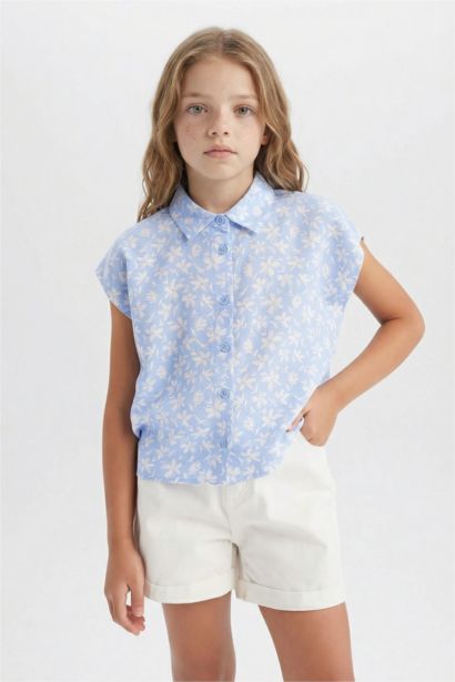 Chemise courte fleurie en coton à manches courtes pour fille