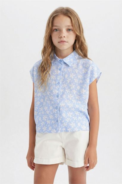 Chemise courte fleurie en coton à manches courtes pour fille