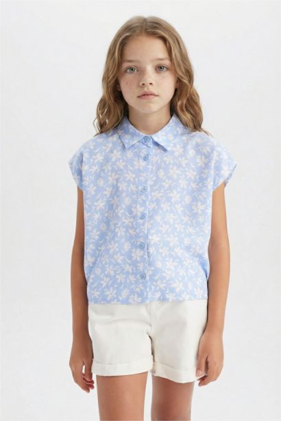Chemise courte fleurie en coton à manches courtes pour fille