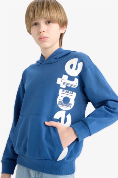 Boy Hooded Kangaroo Pocket Printed Sweatshirt