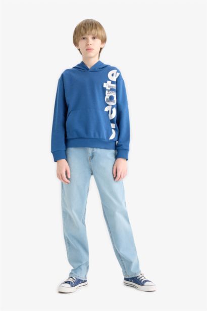 Boy Hooded Kangaroo Pocket Printed Sweatshirt