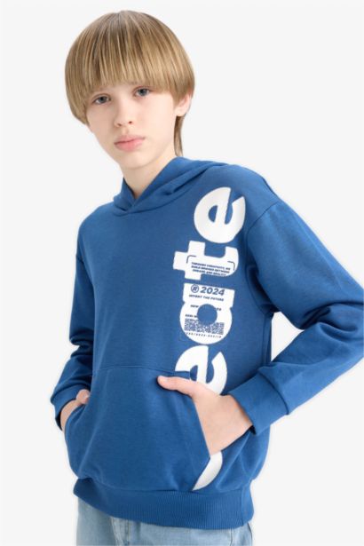 Boy Hooded Kangaroo Pocket Printed Sweatshirt