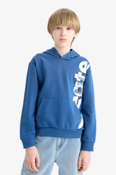 Boy Hooded Kangaroo Pocket Printed Sweatshirt
