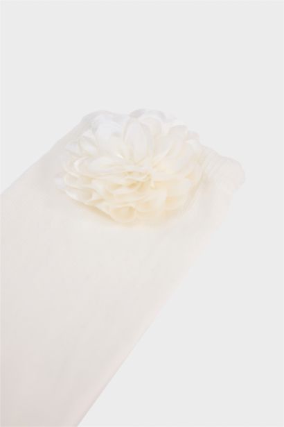 Kadın Çiçek Aksesuarlı Penye Pamuklu Premium Uzun Çorap